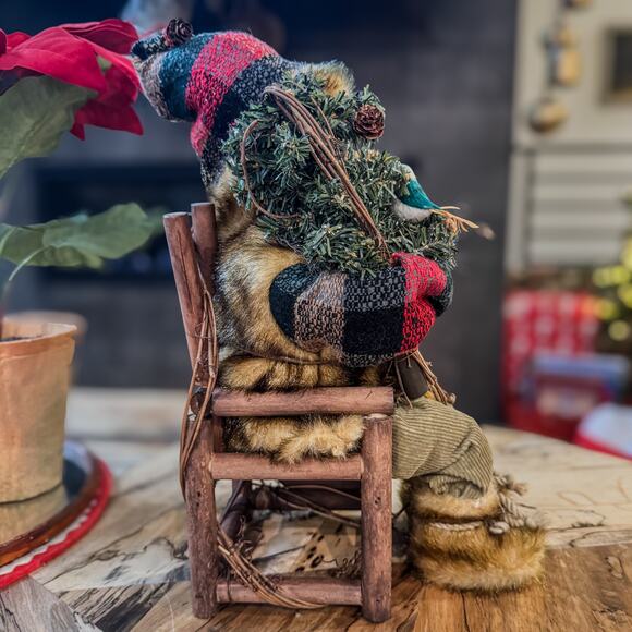 Woodland Mountain Man Santa in Wooden Twig Chair w/ Bird & Snow Shoes, 14"H - Picture 9 of 15